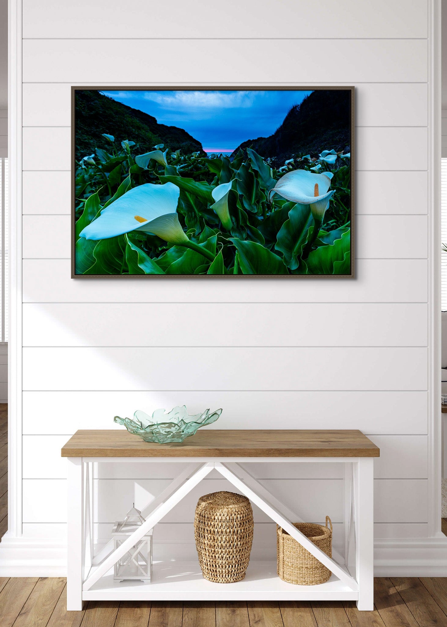 Picture hanging on the wall. The picture is a fine art landscape photograph titled "Calla Lily Valley" by Cameron Dreaux of Dreaux Fine Art.
