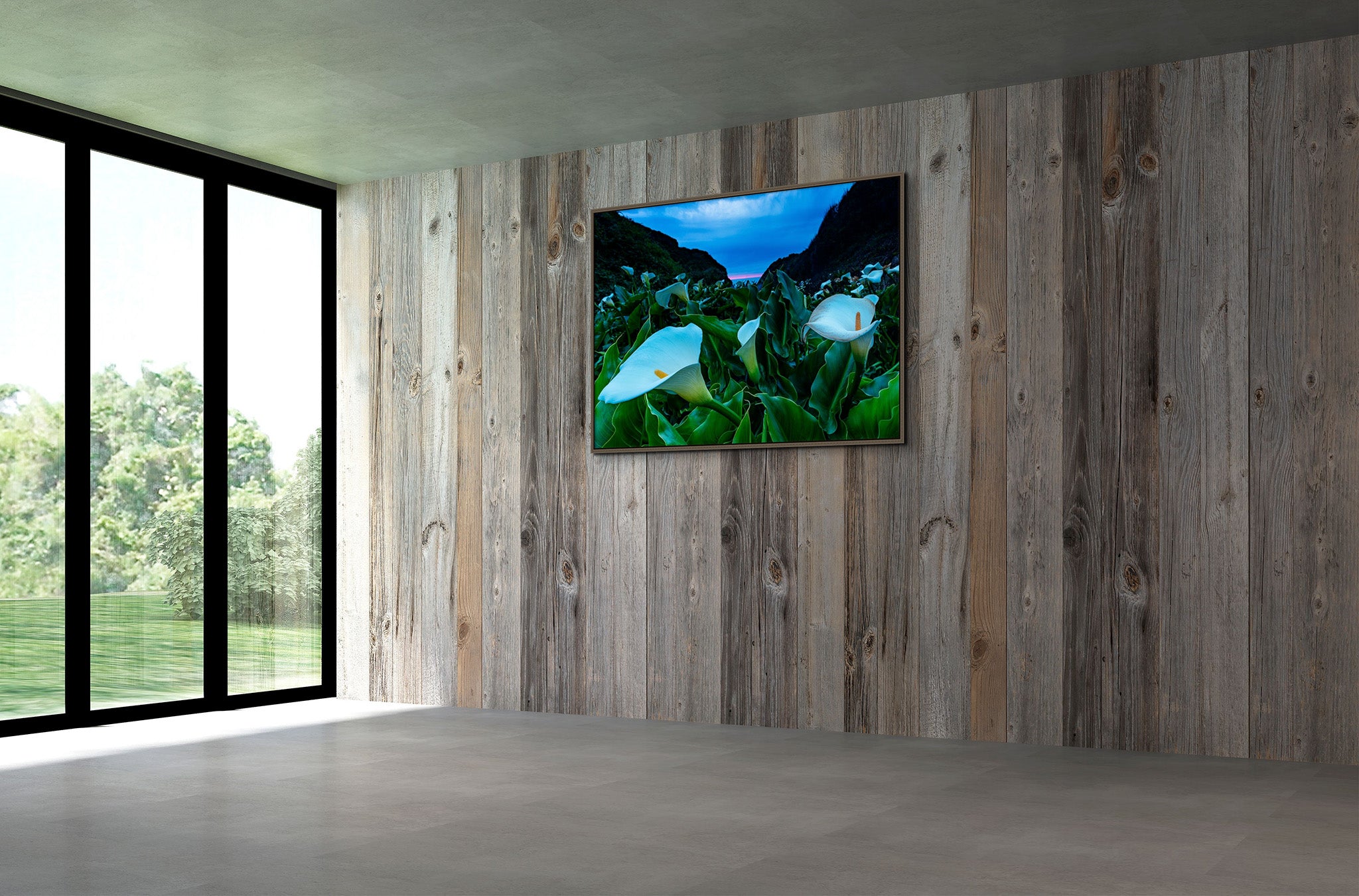 Picture hanging on the wall of empty room. The picture is a fine art landscape photograph titled "Calla Lily Valley" by Cameron Dreaux of Dreaux Fine Art.