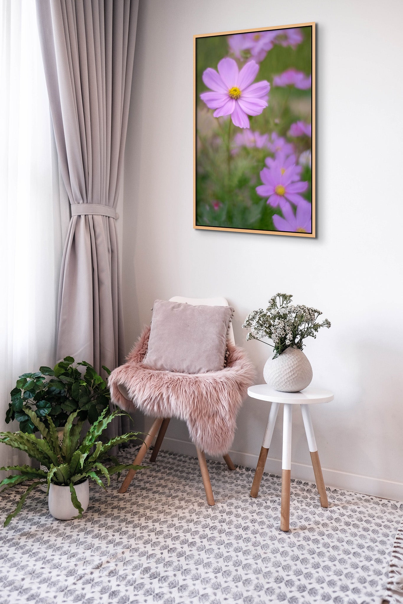 Float frame picture hanging on the wall of a room with a chair and window. The chair has a fuzzy blanket on it. Light is shining through the window. The picture is a fine art flower photograph of a purple Cosmopolitan flower by Cameron Dreaux.