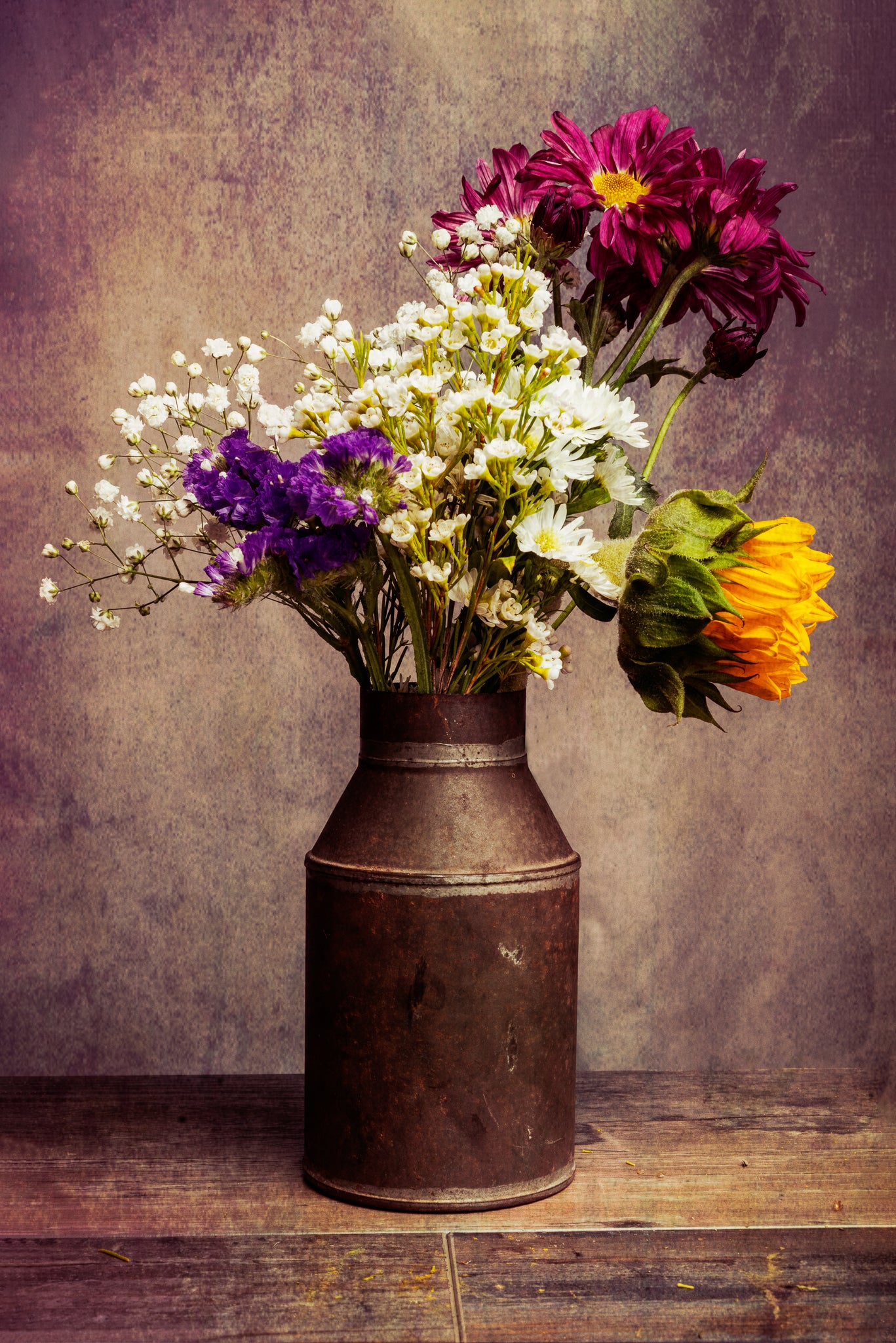 Fine art flower photograph of a bouquet of flowers in a tin can titled "Ol' Tin Can" by Cameron Dreaux of Dreaux Fine Art. 