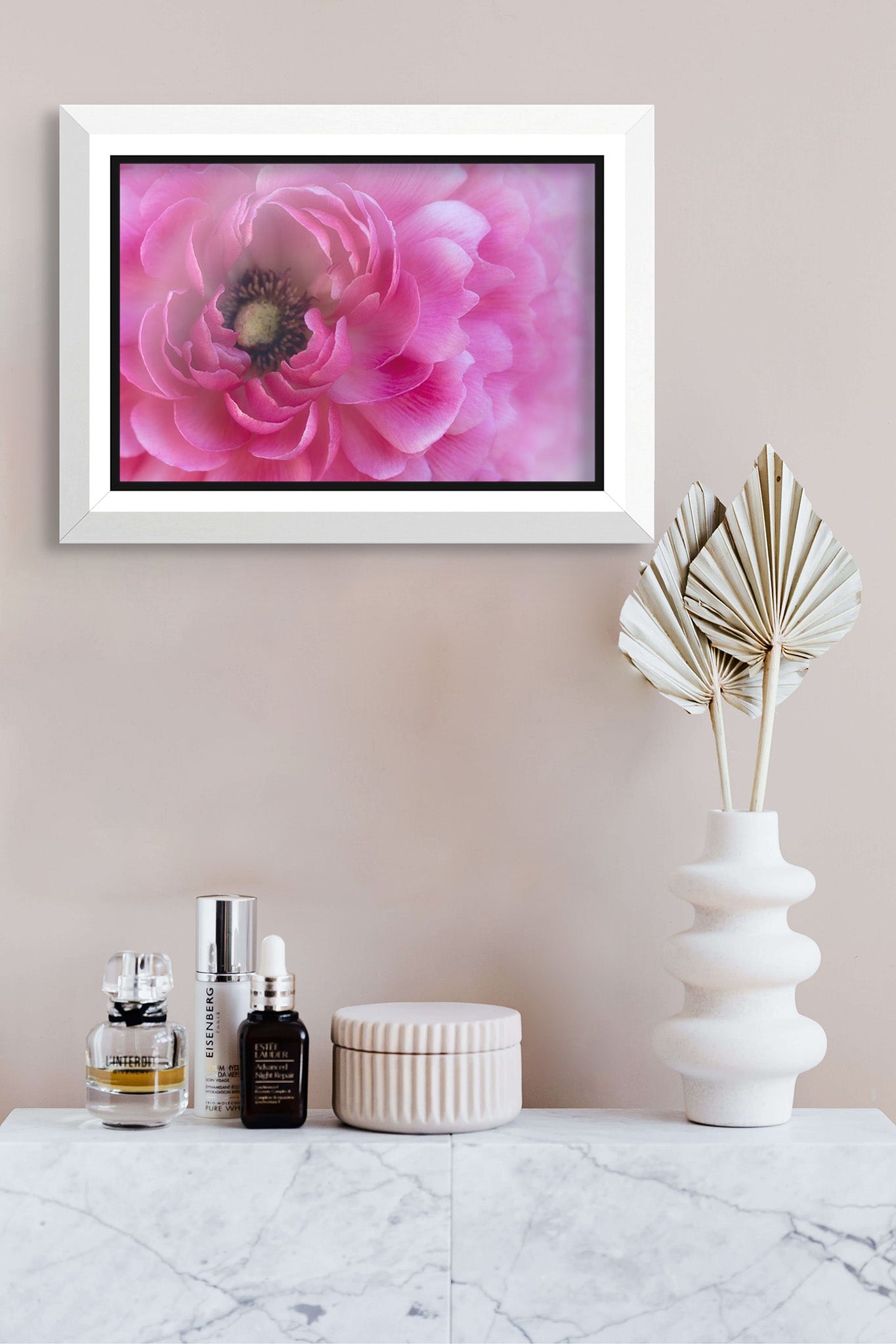 A picture in a float frame hanging on a wall over a countertop. The picture is a macro flower photograph of a Pink Ranunculus by Cameron Dreaux. 