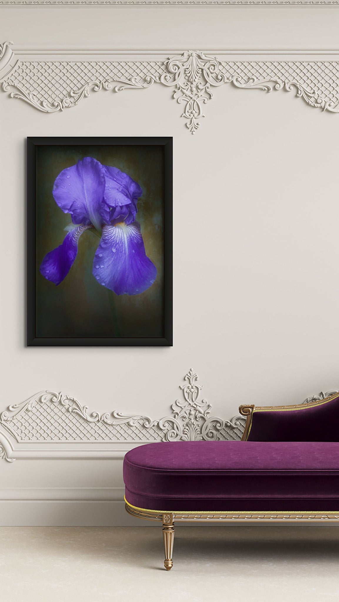 Picture hanging on the wall of room with luxury sofa. The picture on the wall is a fine art photograph of an Iris flower titled "Righteous" by Cameron Dreaux of Dreaux Fine Art. 