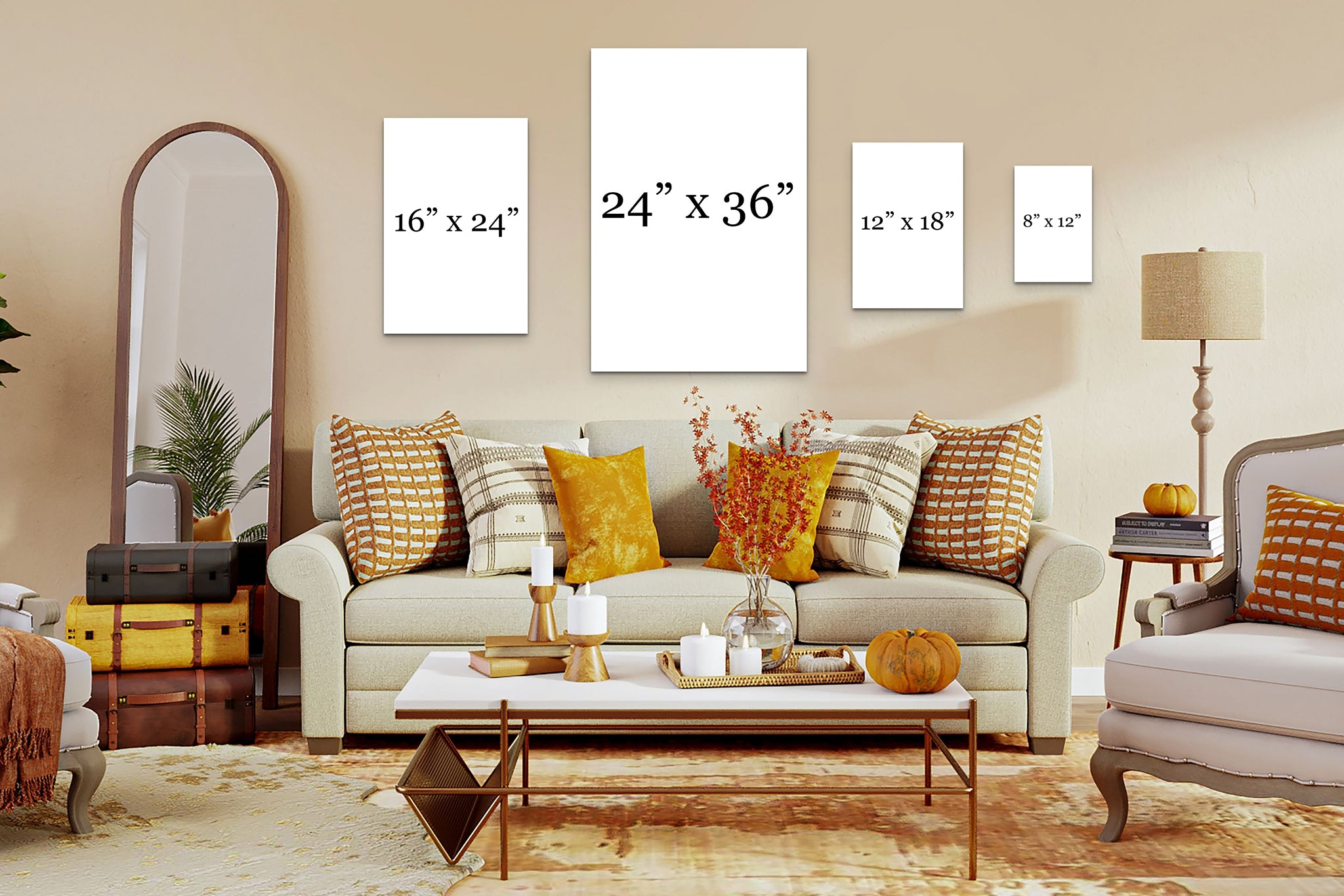 Picture of living room with various size white pictures hanging on the wall. The pictures have numbers written on them, showing the size of the artwork on the wall. The picture is to act as a size guide. 