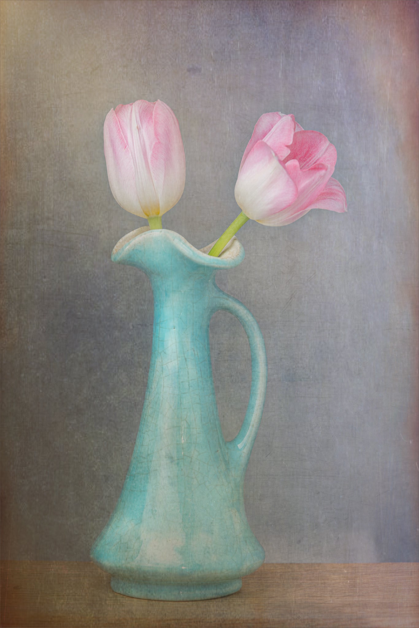 Fine art flower photograph of two pink tulips in a vase titled "An Ambitious Pair" by Cameron Dreaux of Dreaux Fine Art.