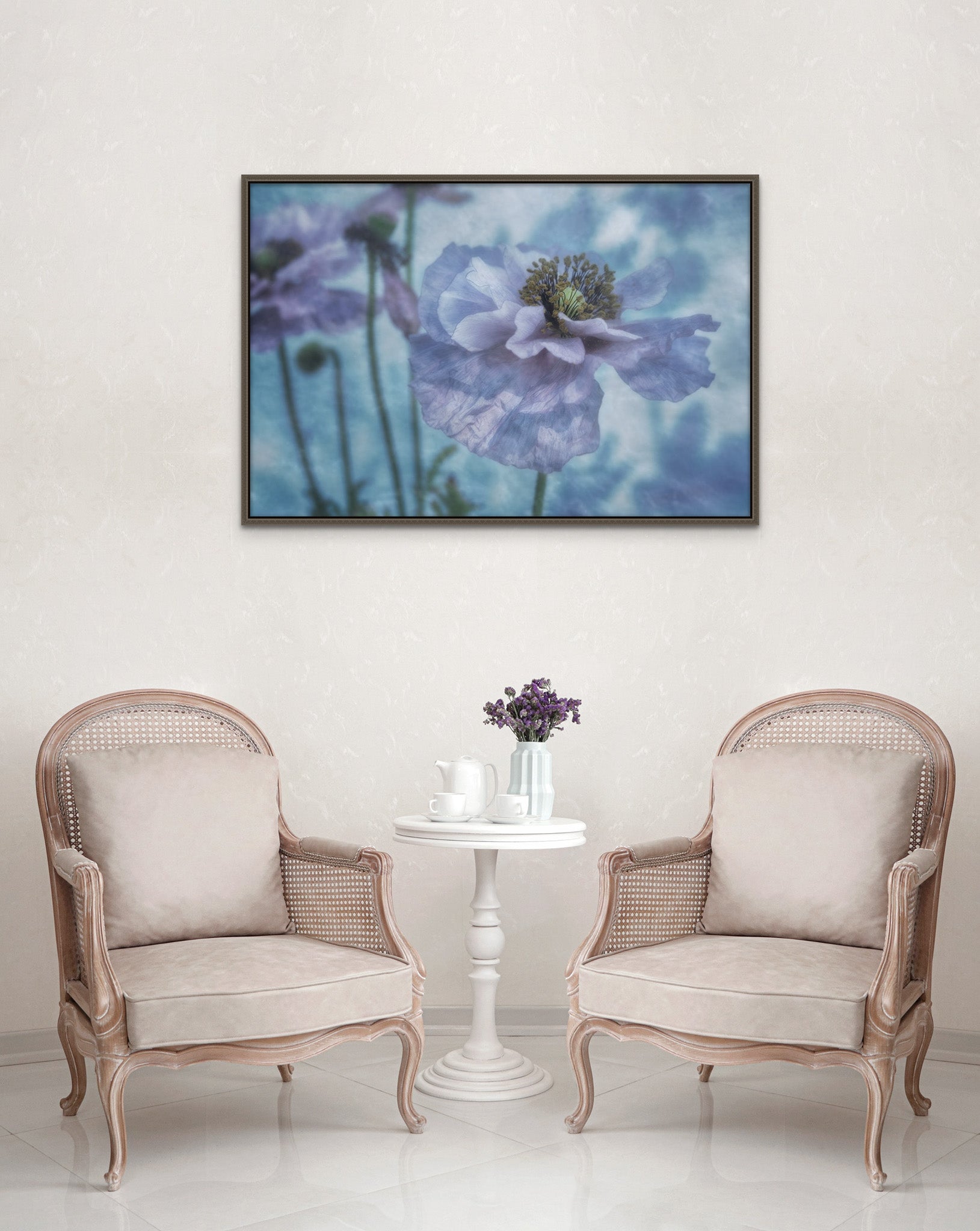 Room with two chairs. There is picture in a floating frame on the wall. The picture is a metal print of "Ethereal Beauty" by Cameron Dreaux of Dreaux Fine Art. The print is a photograph of blue poppies. 
