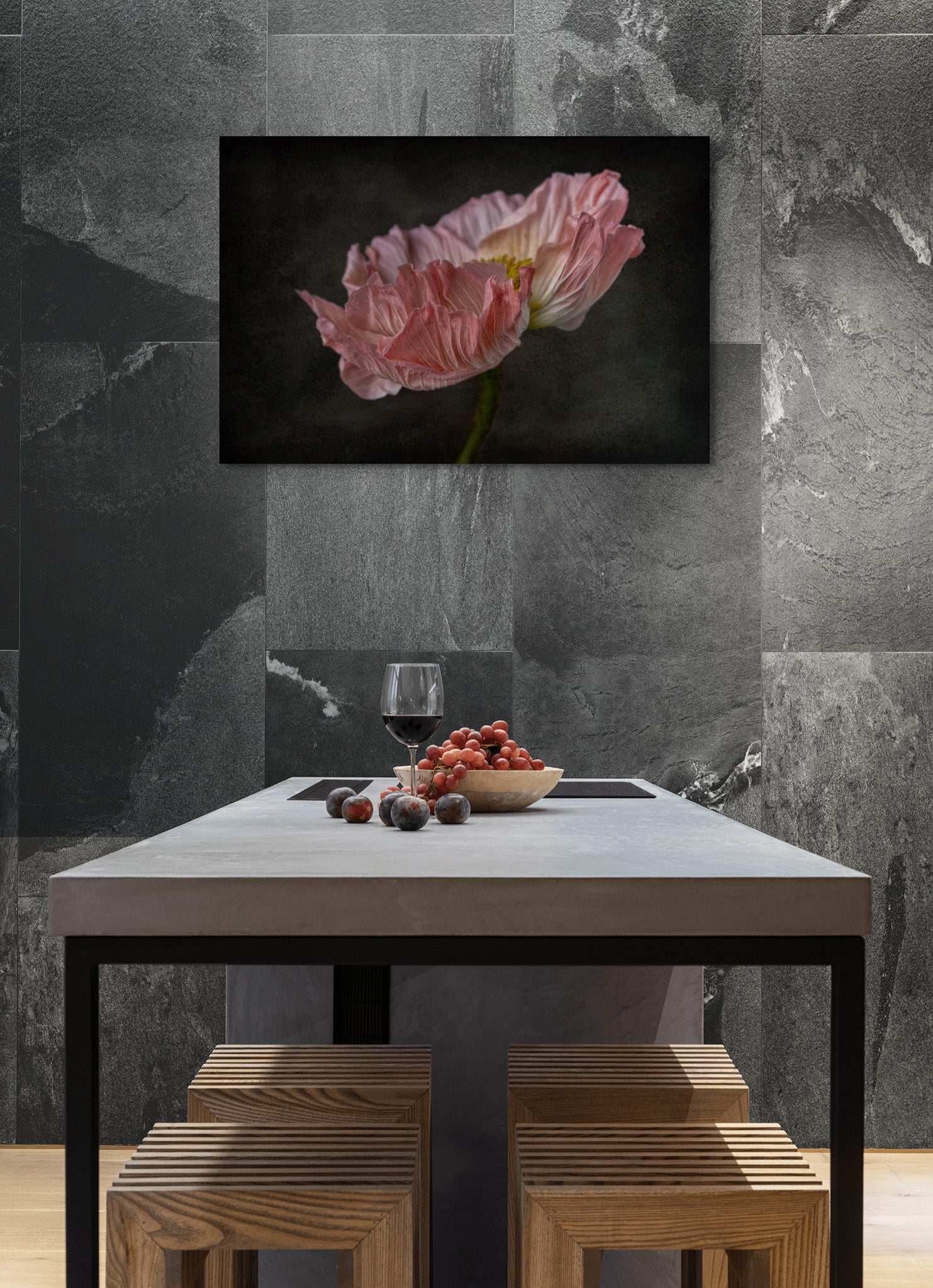 Picture hanging on the wall of a kitchen. The picture is a fine art flower photograph of a pink Icelandic Poppy titled "Lovely Lady" by Cameron Dreaux of Dreaux Fine Art. 