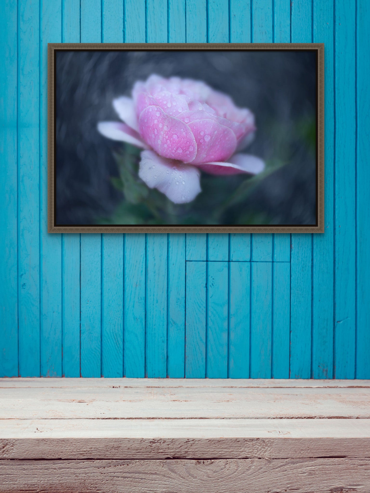 Picture hanging on the wall over a wooden countertop.  The wall is bright blue. The picture is a flower photograph of Pink rose with raindrops by Cameron Dreaux. 