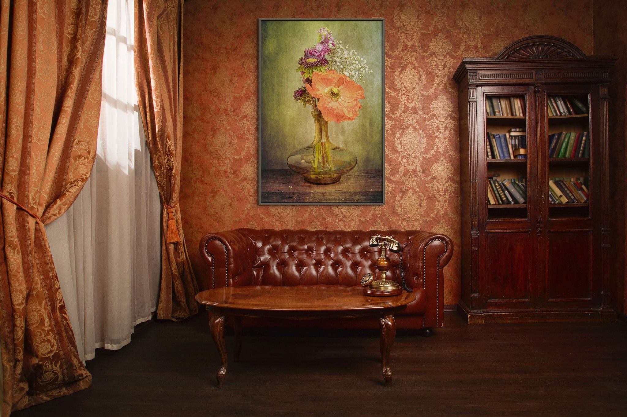 Picture hanging on the wall of a sitting area in a speakeasy. The picture is a fine art flower photograph of a bouquet with an orange Icelandic poppy titled "Speakeasy" by Cameron Dreaux of Dreaux Fine Art.