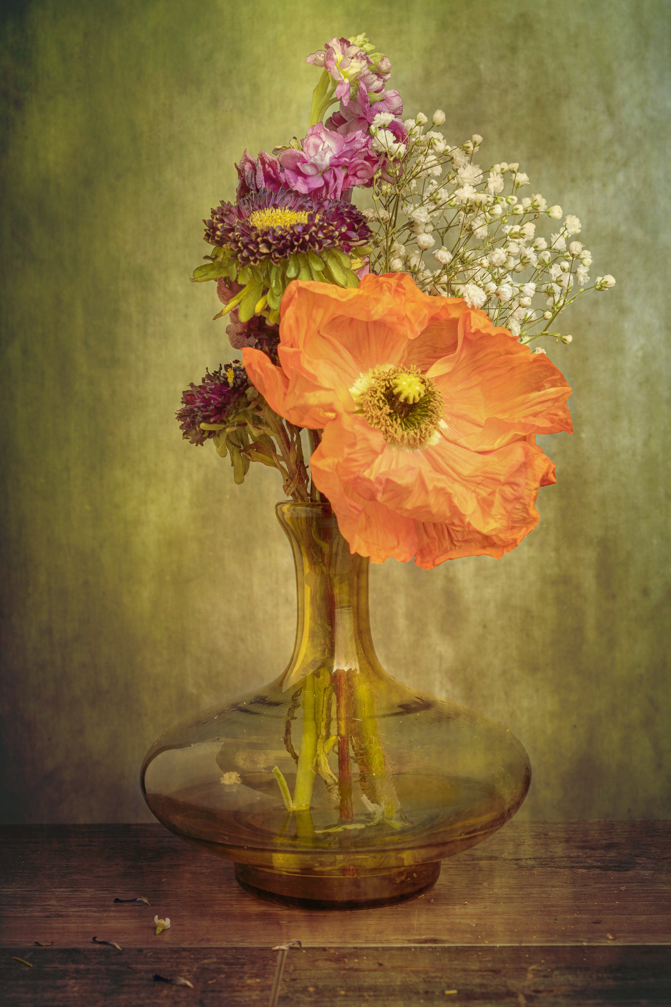 Fine art flower photograph of a bouquet with an orange Icelandic poppy titled "Speakeasy" by Cameron Dreaux of Dreaux Fine Art.