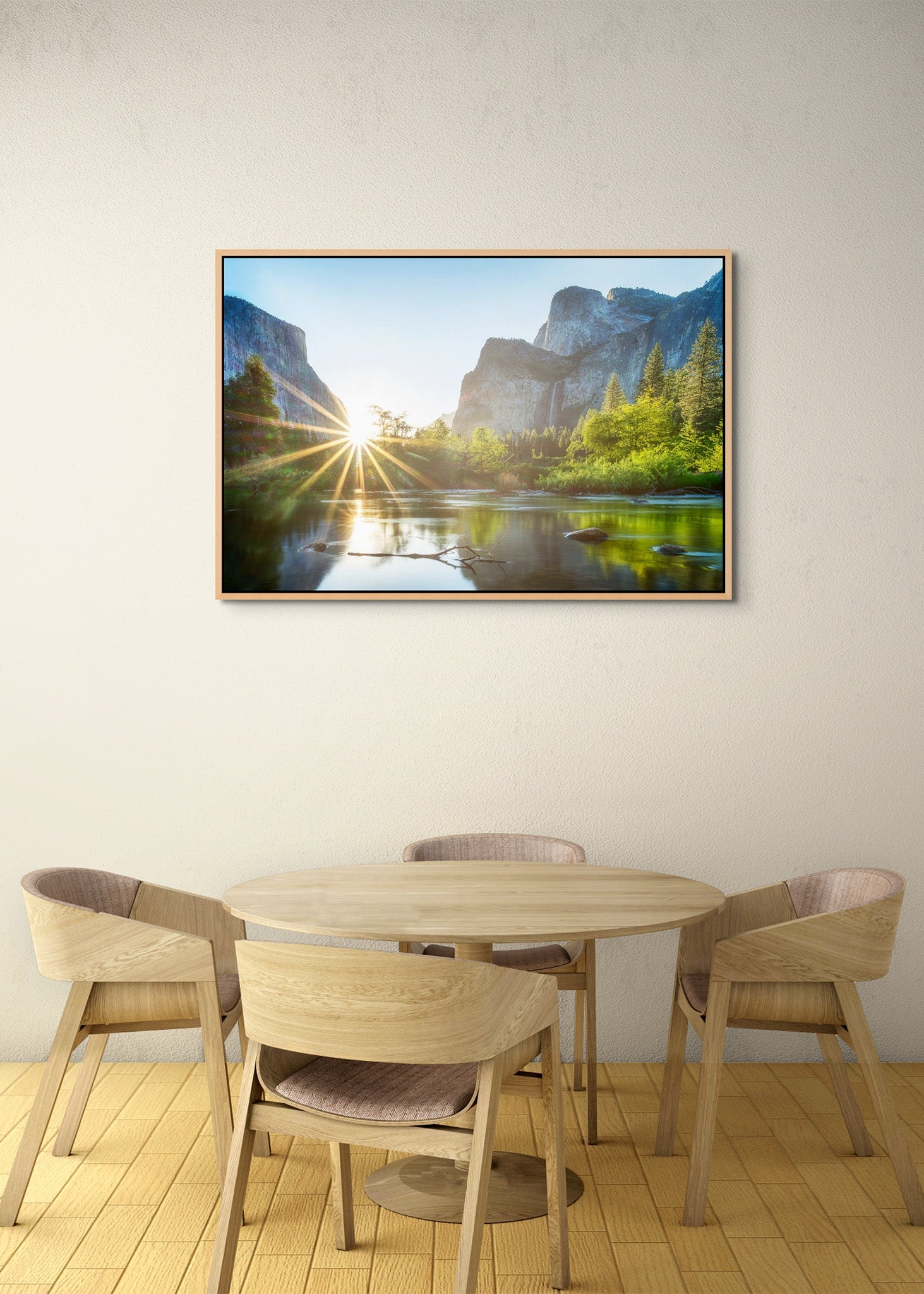 Picture hanging on the wall of a dining room. The picture is a fine art landscape photograph titled "Summer Valley View" by Cameron Dreaux of Dreaux Fine Art.