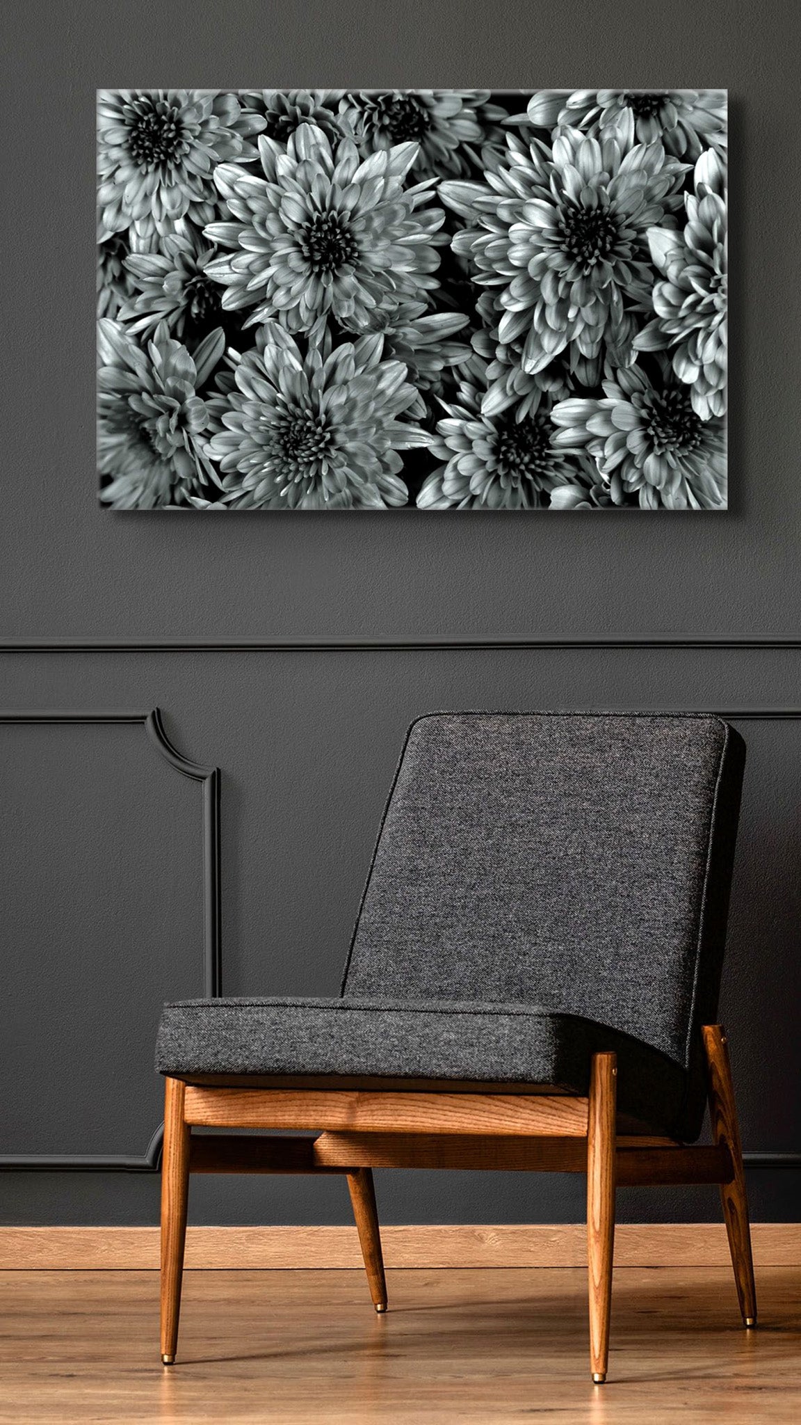 Fine art flower photography by Cameron Dreaux of a black and white mums. The photograph is hanging on the wall of a dark-colored room with a chair. The photograph is in a floating frame. 